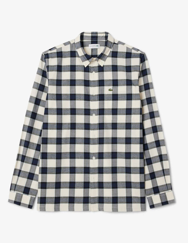 Camisa Lacoste de Franela de Cuadros Blanca y Azul Hombre