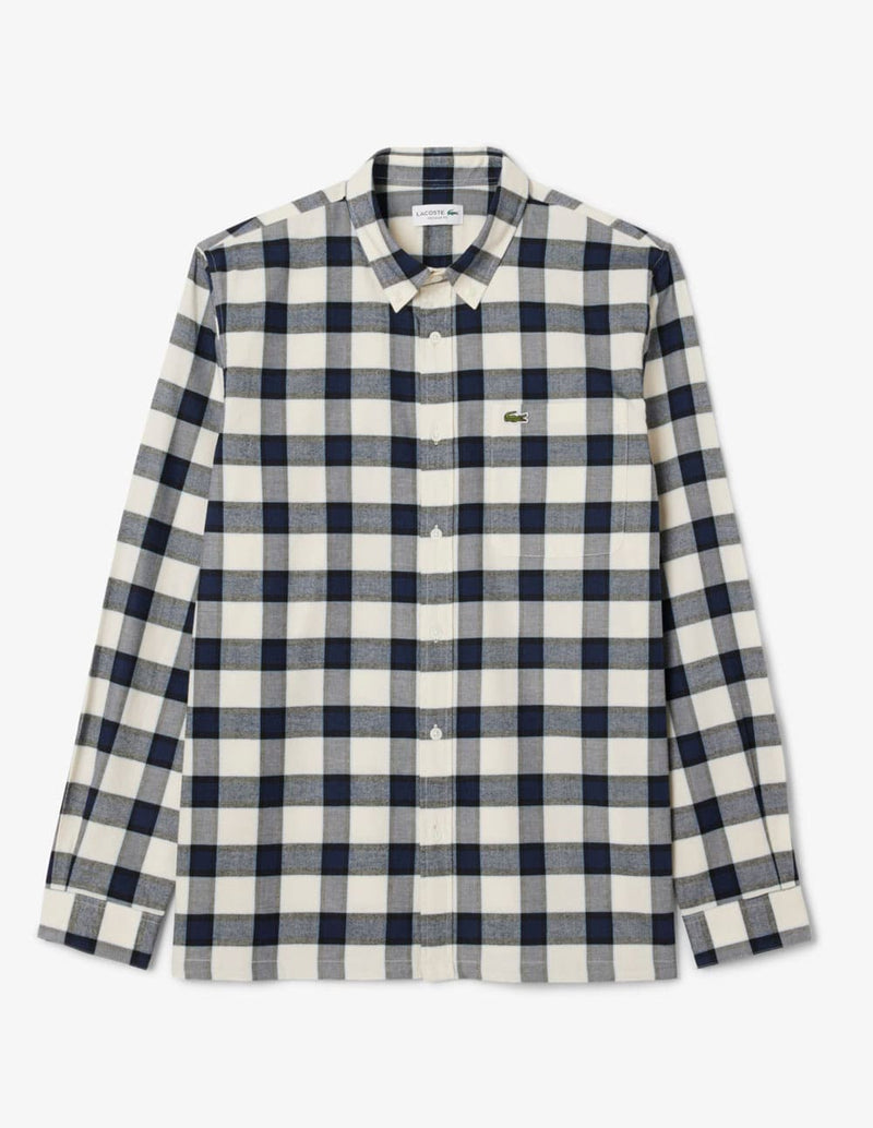 Camisa Lacoste de Franela de Cuadros Blanca y Azul Hombre