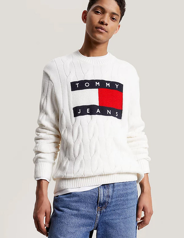 Jersey Tommy Jeans de Punto Trenzado con Parche Blanco Hombre