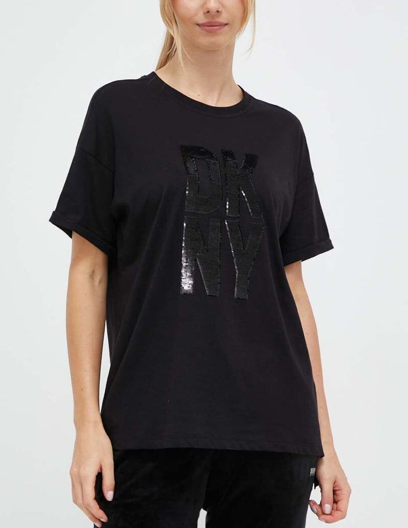 Camiseta Donna Karan con Logo de Lentejuelas Negra Mujer