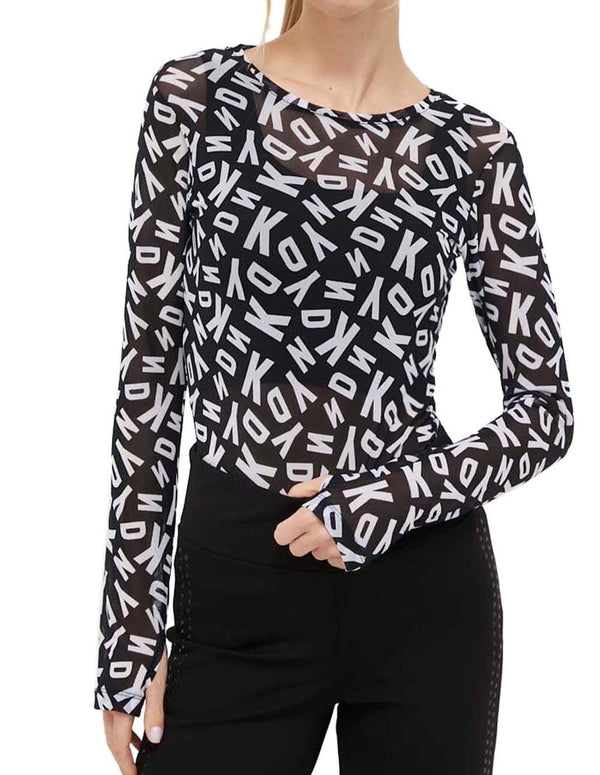 Top Donna Karan de Manga Larga Logo Print Negro y Blanca Mujer