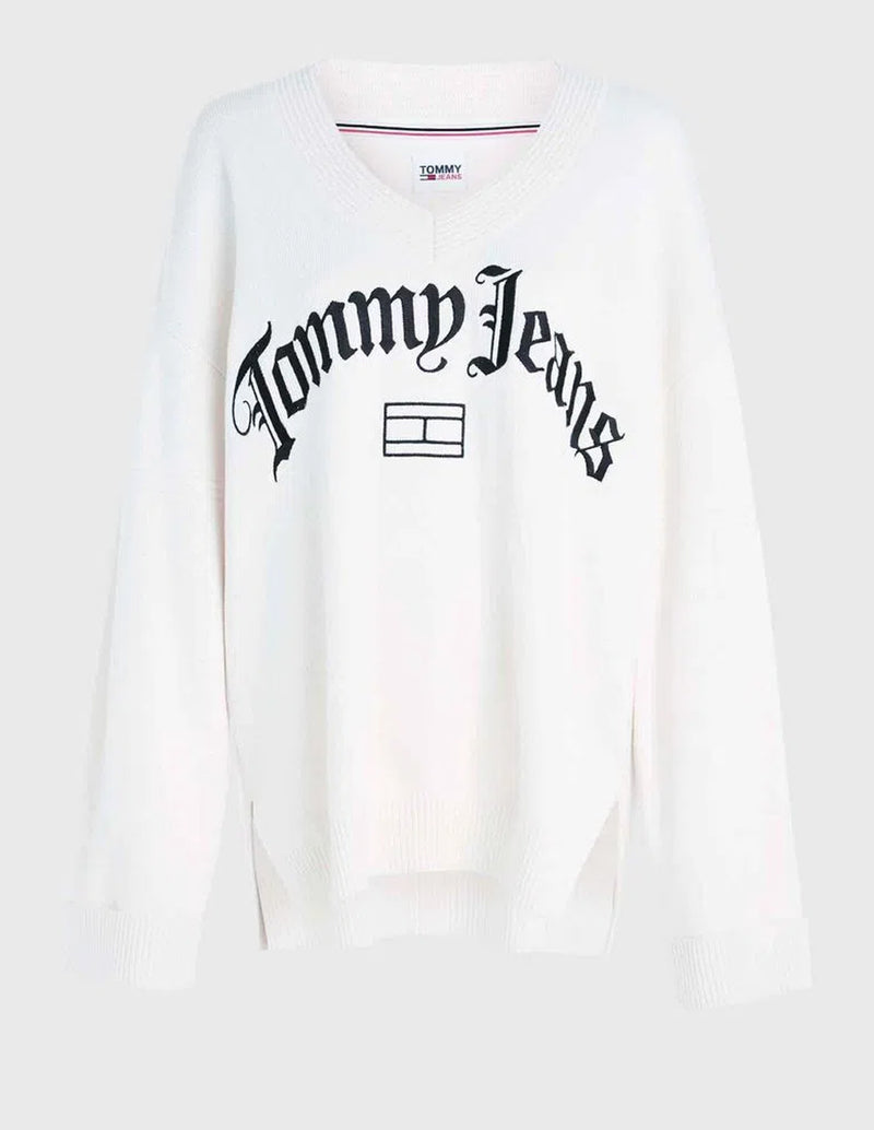 Jersey Tommy Jeans Oversize con Escote Pico Blanco Mujer