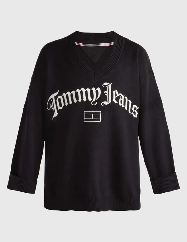 Jersey Tommy Jeans Oversize con Escote Pico Negro Mujer