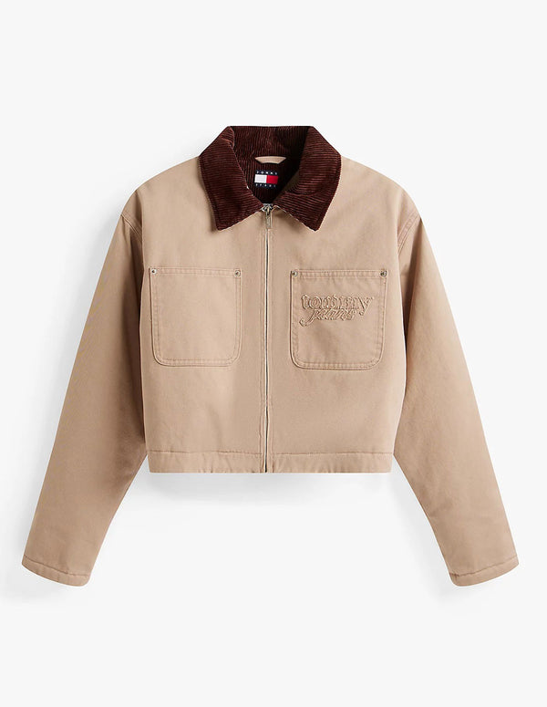 Chaqueta Tommy Jeans Cropped Acolchada con Logo Marrón Mujer