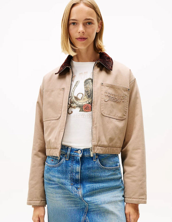 Chaqueta Tommy Jeans Cropped Acolchada con Logo Marrón Mujer