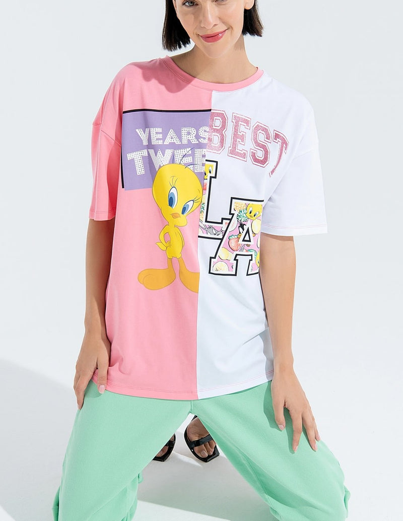 Camiseta FRACOMINA Over Fit con Estampado Looney Tunes Rosa y Blanca Mujer