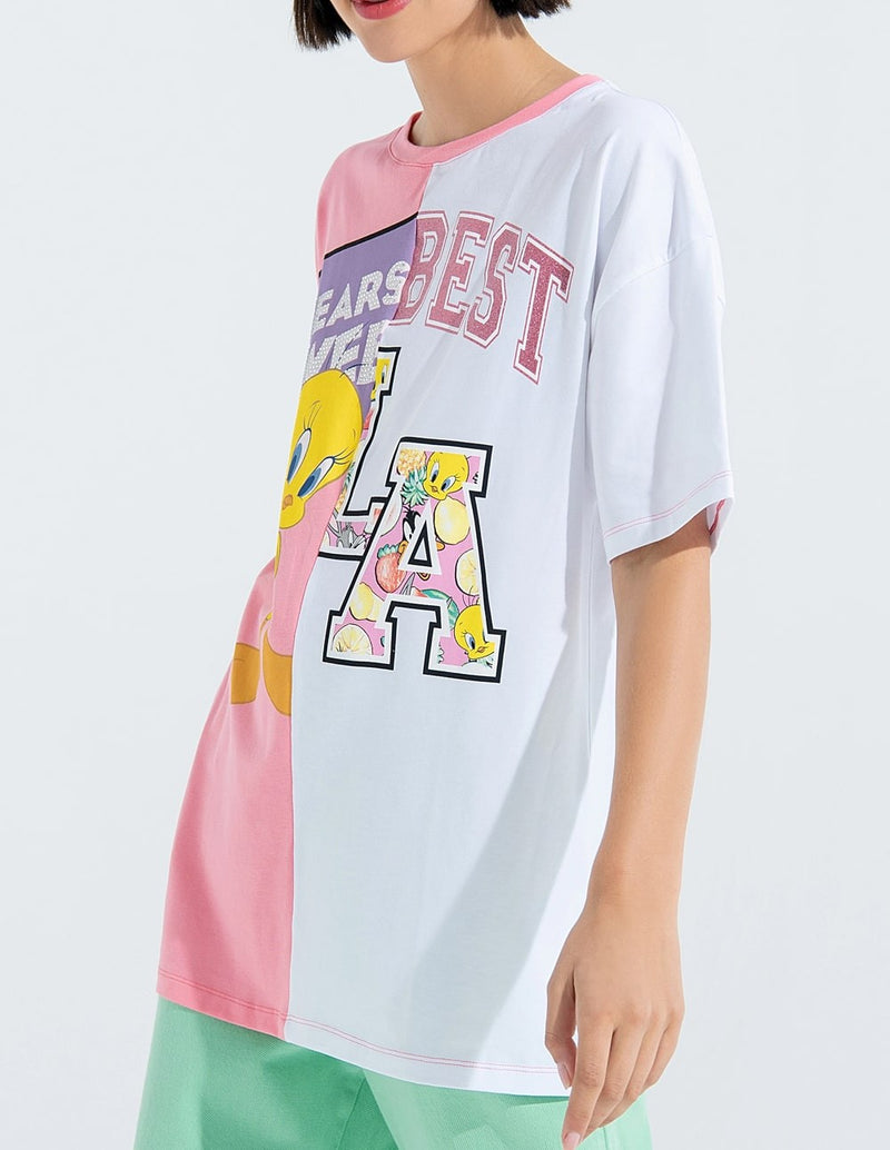 Camiseta FRACOMINA Over Fit con Estampado Looney Tunes Rosa y Blanca Mujer