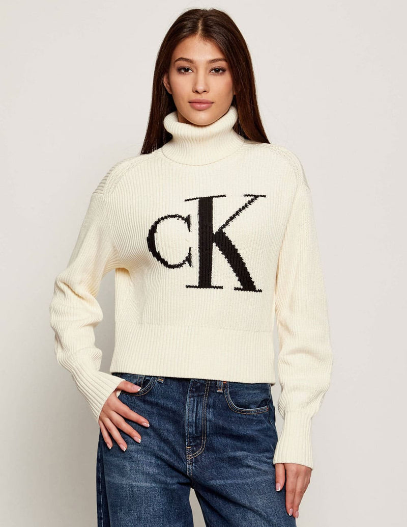 Jersey Calvin Klein Jeans de Cuello Alto con Logo Beige Mujer
