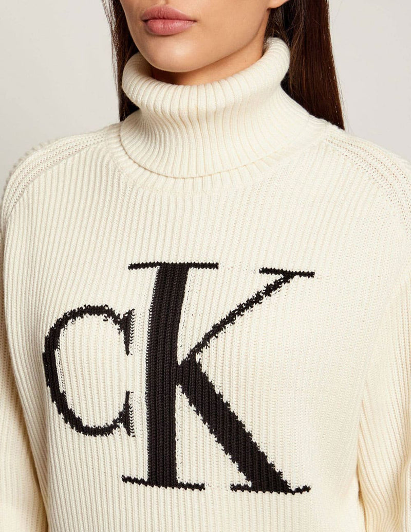 Jersey Calvin Klein Jeans de Cuello Alto con Logo Beige Mujer