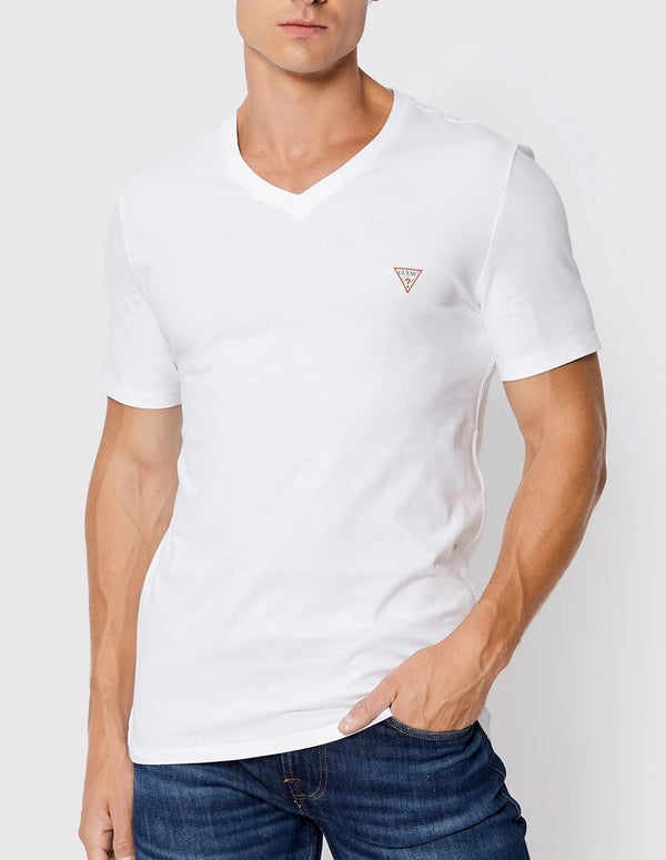 GUESS Men's White T-shirt with Logo and V Neck