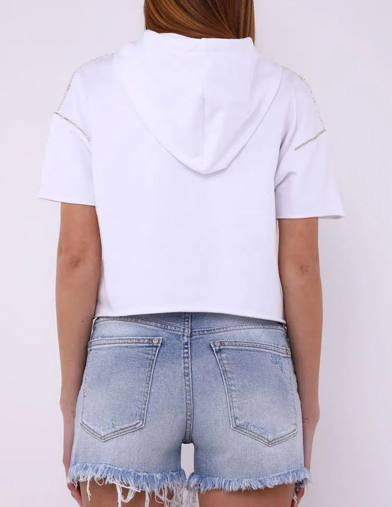 Women's White Short Sleeve MET Cropped Hooded Sweatshirt