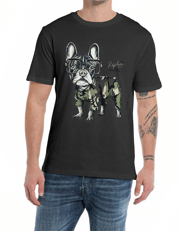 Camiseta Replay con Bulldog Negra Hombre