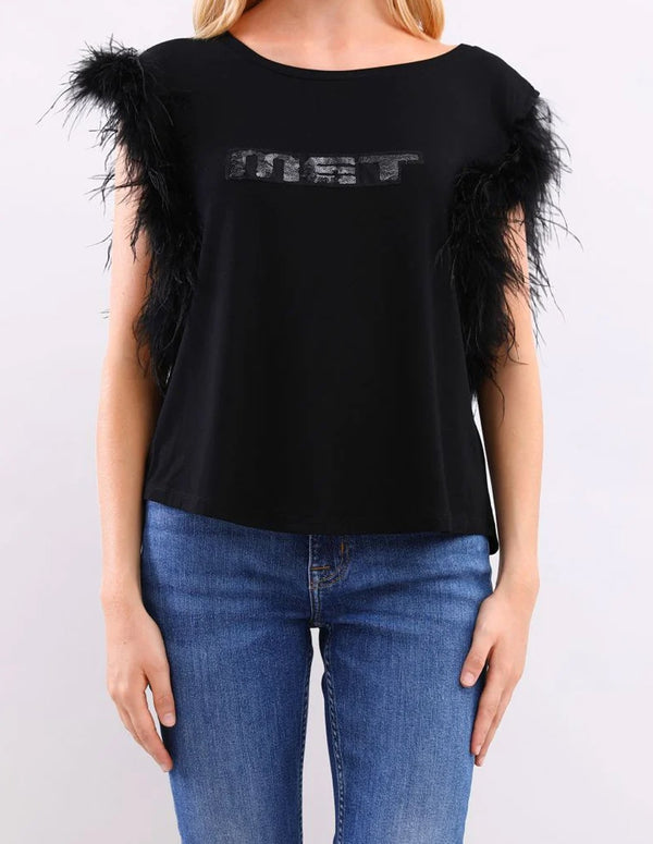 Camiseta MET Inel con Apliques de Plumas Negra Mujer