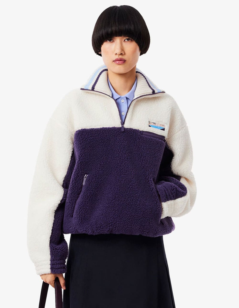Sudadera Polar Lacoste de Cuello Alto Morada y Blanca Mujer