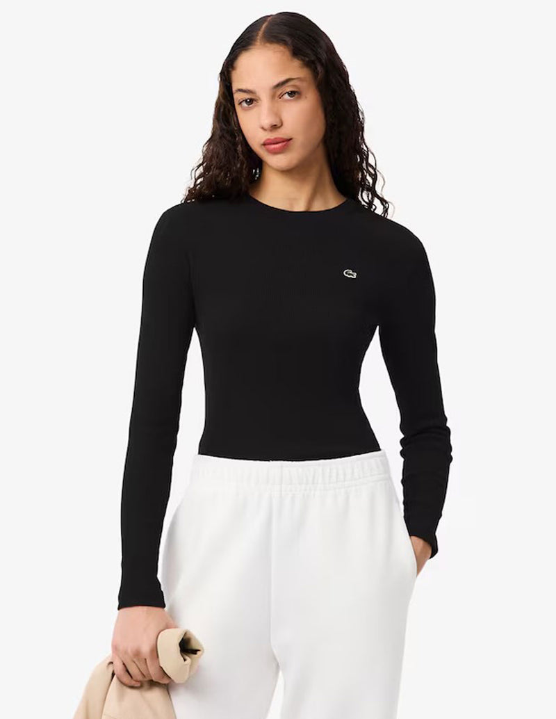 Camiseta Lacoste de Canalé de Manga Larga Negra Mujer