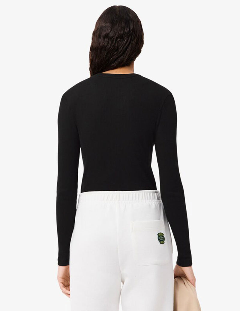 Camiseta Lacoste de Canalé de Manga Larga Negra Mujer