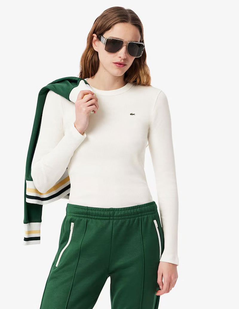 Camiseta Lacoste de Canalé de Manga Larga Blanca Mujer