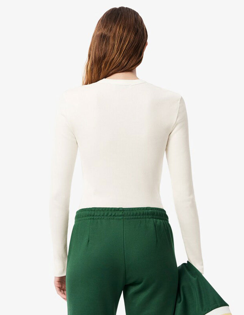 Camiseta Lacoste de Canalé de Manga Larga Blanca Mujer