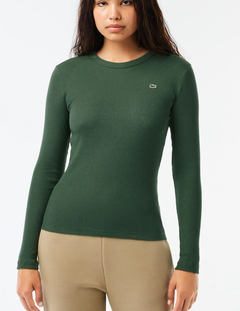 Camiseta Lacoste Acanalada de Manga Larga Verde Mujer