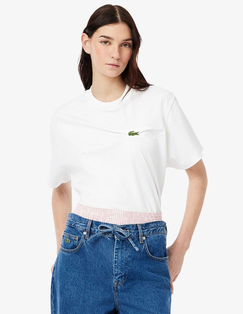 Camiseta Lacoste con Logo Drapeada Blanca Mujer
