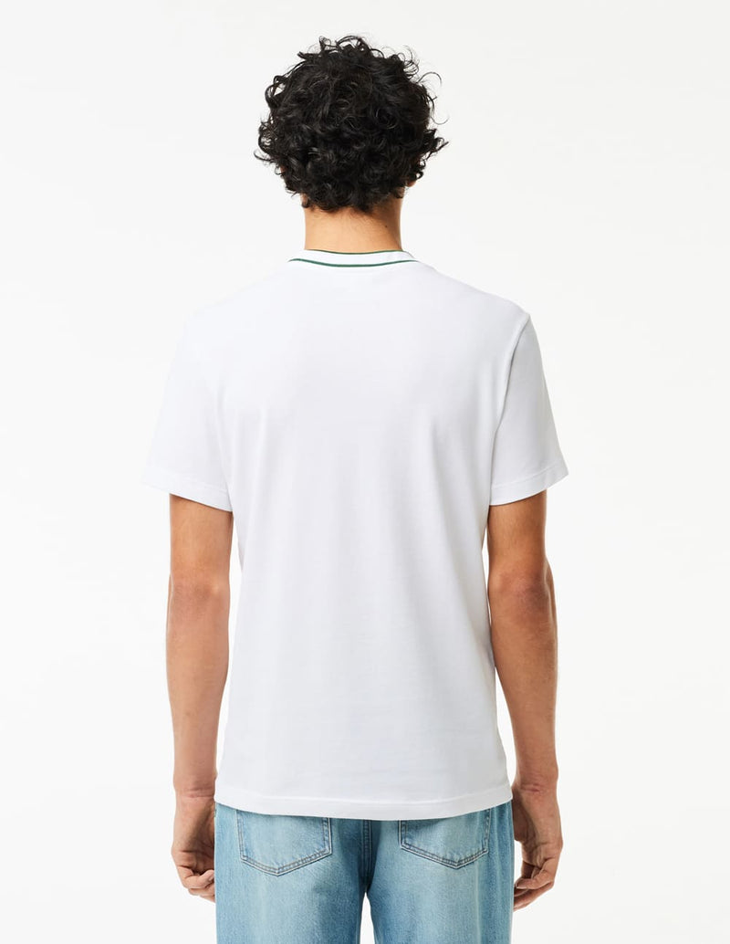 Camiseta Lacoste con Cuello de Rayas Blanca Hombre