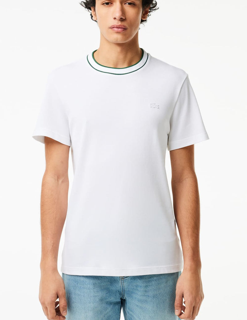 Camiseta Lacoste con Cuello de Rayas Blanca Hombre