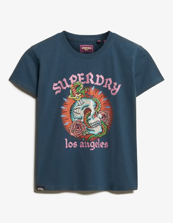 Camiseta Superdry con Estampado y Strass Azul Mujer