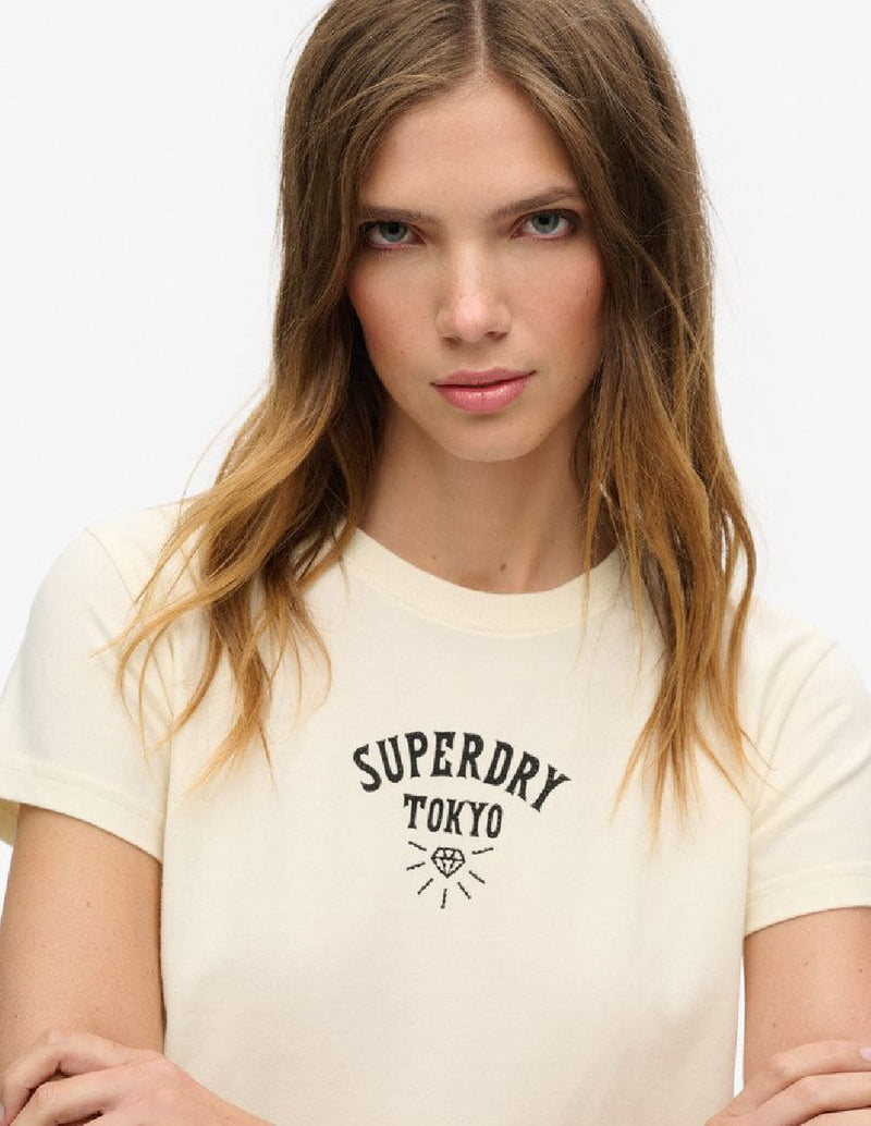 Camiseta Superdry con Estampado y Strass Blanca Mujer