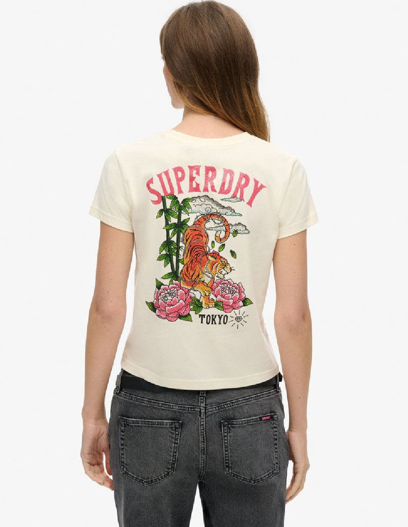 Camiseta Superdry con Estampado y Strass Blanca Mujer