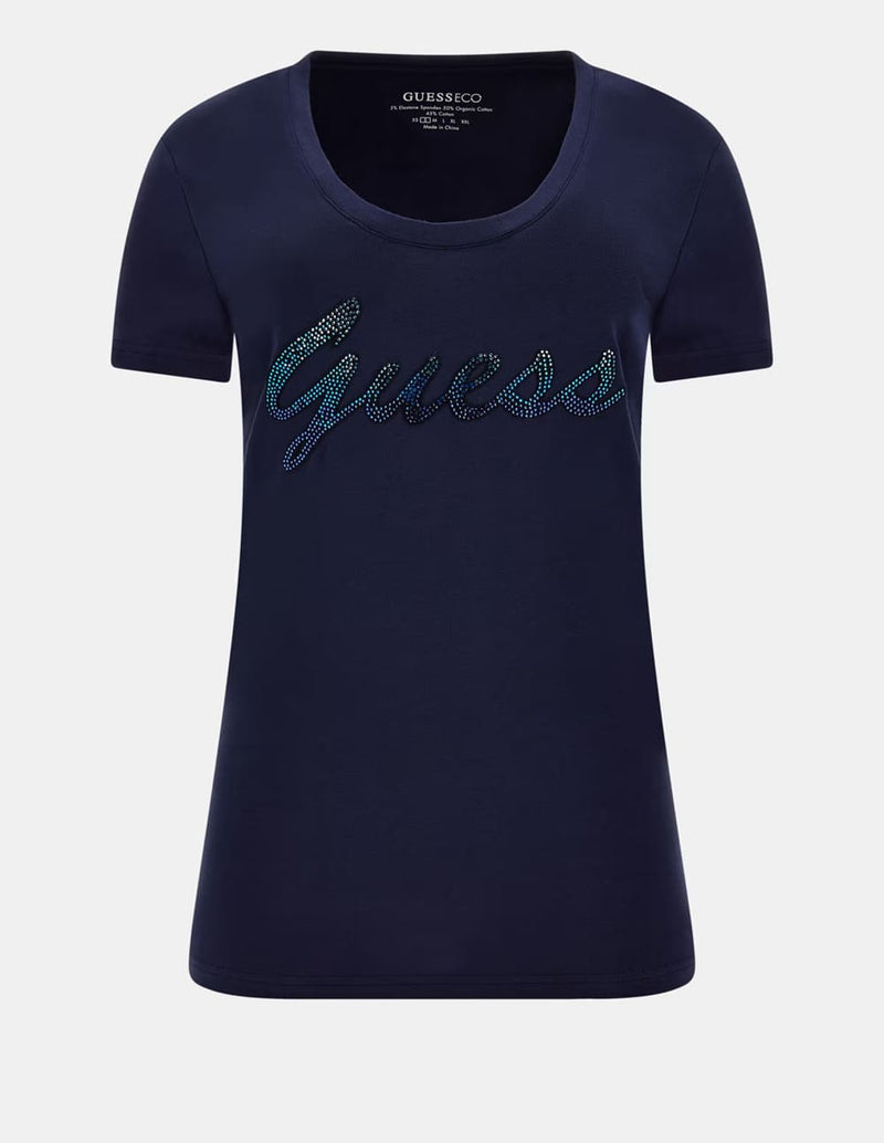Camiseta GUESS Elástica Logo Strass Azul Marino Mujer