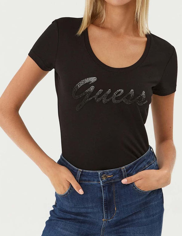 Camiseta GUESS Elástica Logo Strass Negra Mujer