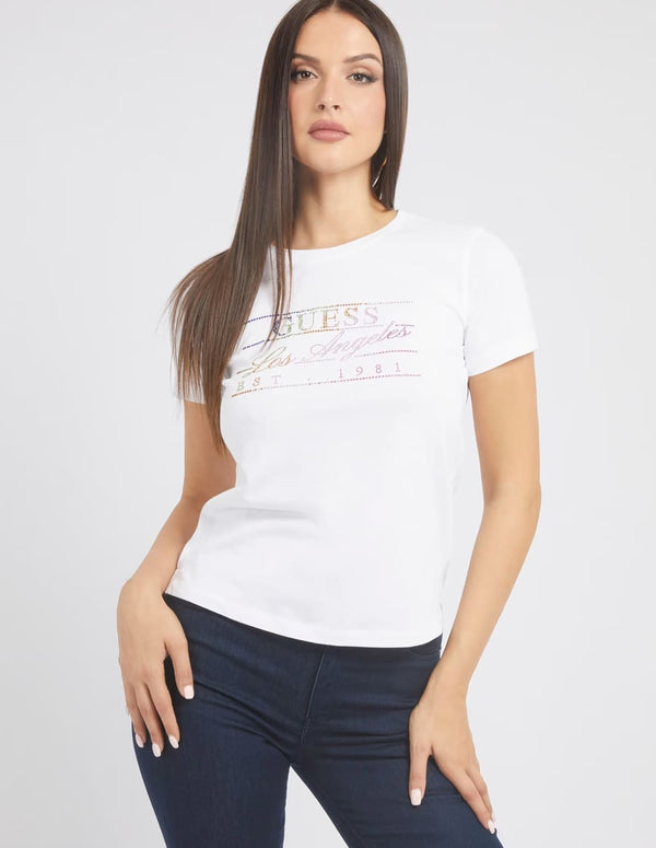 Camiseta GUESS con Logo Strass Blanca Mujer