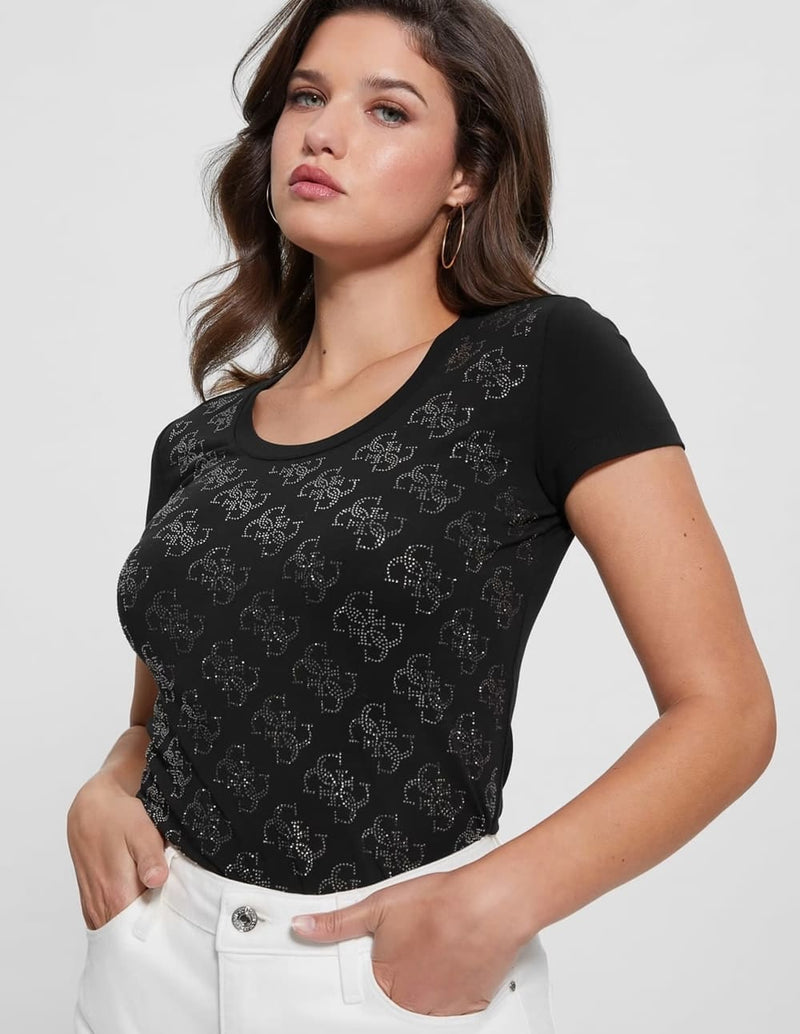 Camiseta GUESS Elástica con Logo Strass 4G Negra Mujer