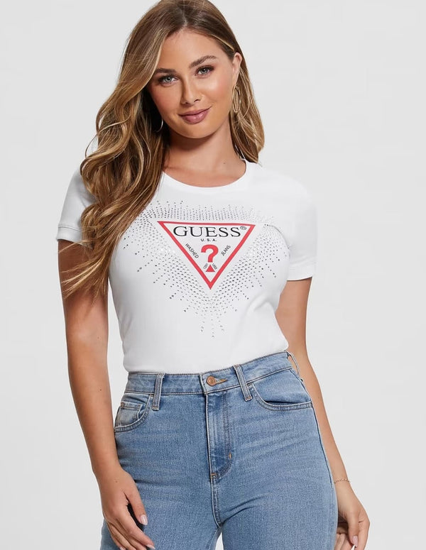 Camiseta GUESS con Logo Triángulo Strass Blanca Mujer