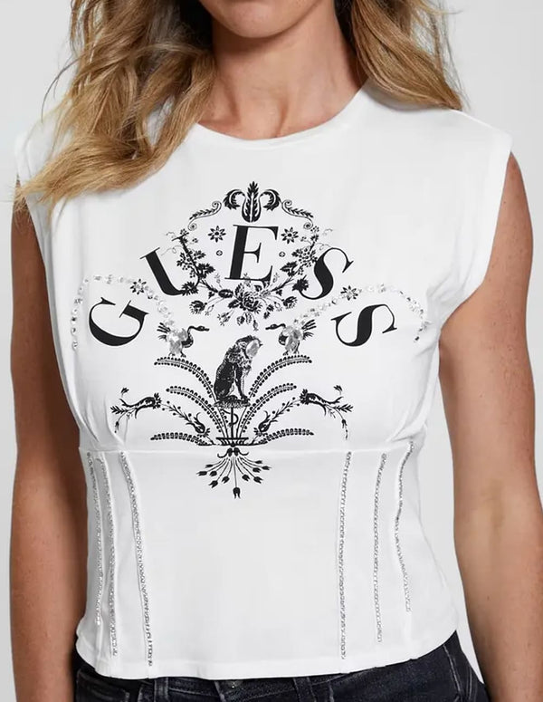 Camiseta GUESS Queen Graphic Corset Blanca Mujer