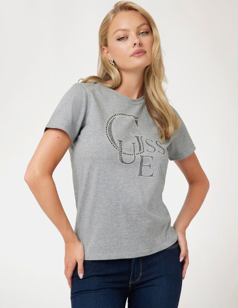 Camiseta GUESS con Logo con Tachuelas Gris Mujer