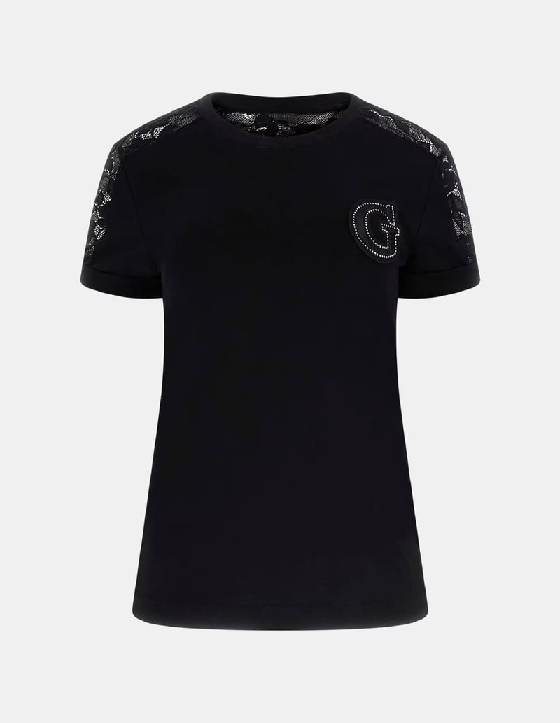 Camiseta GUESS con Aplicación de Encaje Negra Mujer