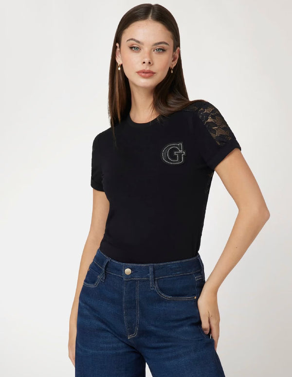 Camiseta GUESS con Aplicación de Encaje Negra Mujer