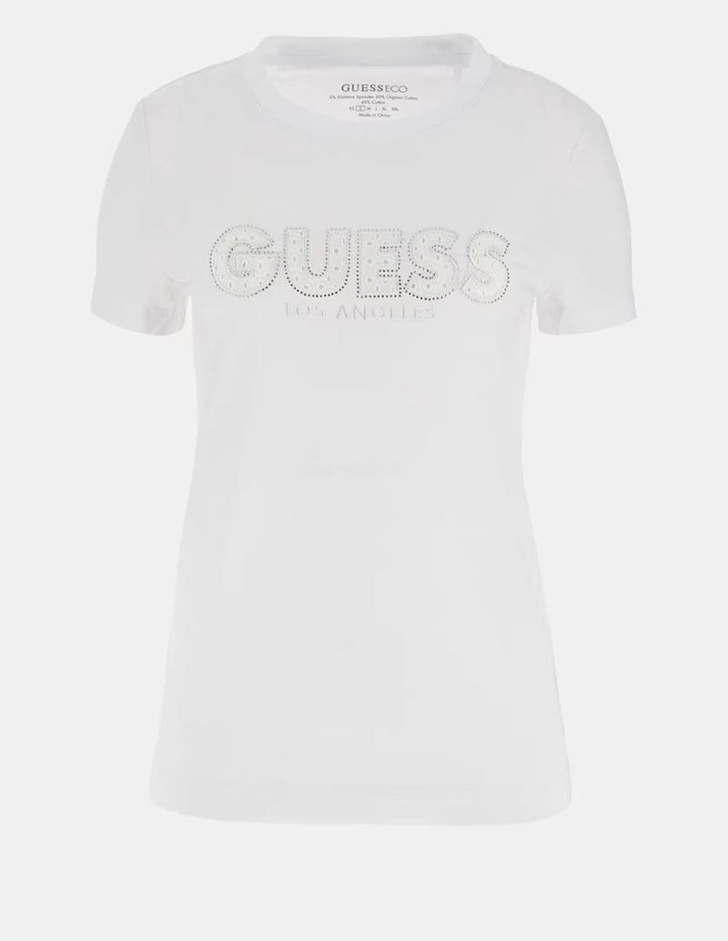 Camiseta GUESS con Logo de Encaje Blanca Mujer