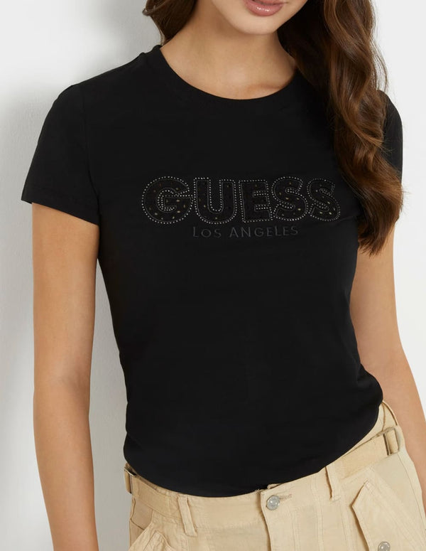 Camiseta GUESS con Logo de Encaje Negra Mujer