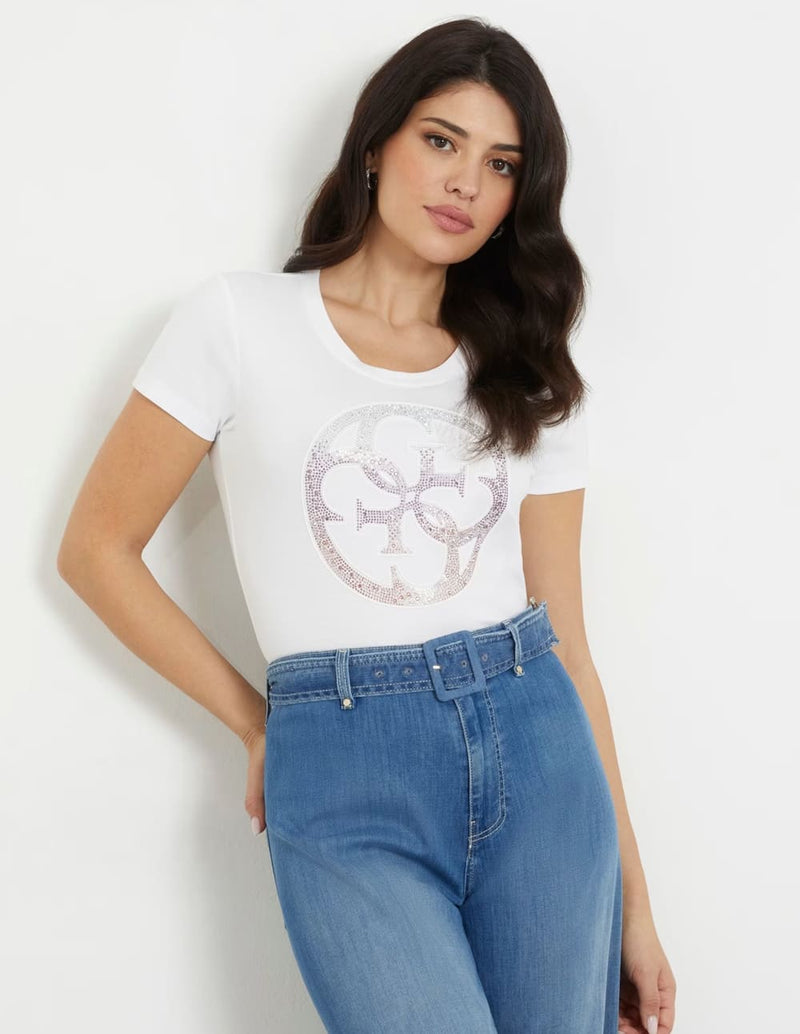 Camiseta GUESS con Logo con Strass Blanca Mujer