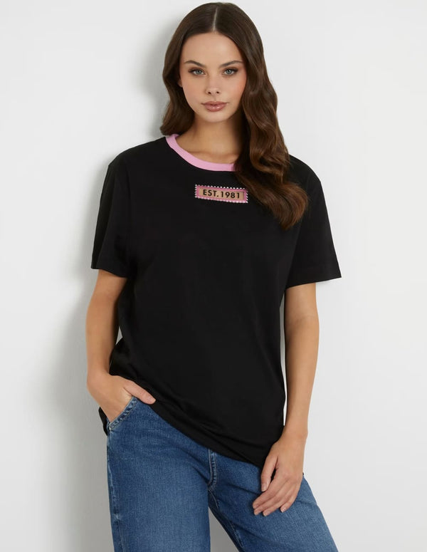 Camiseta GUESS con Logo con Strass Negra Mujer