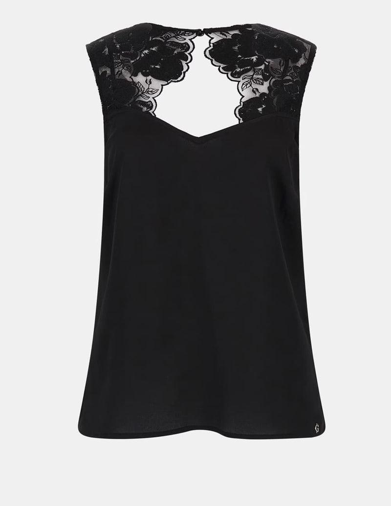 Top GUESS con Aplicación de Encaje Negro Mujer