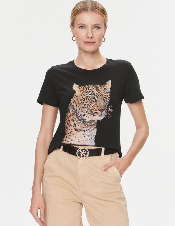 Camiseta GUESS Leopard Jewelry Negra Mujer