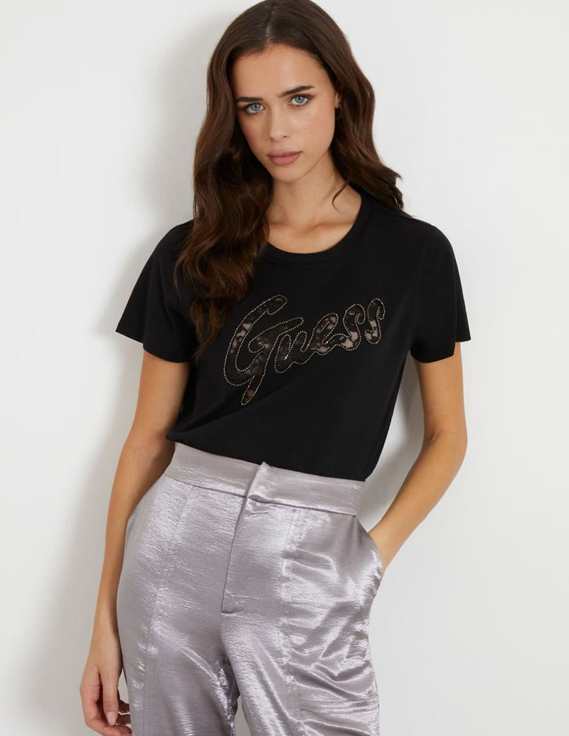 Camiseta GUESS con Logo Negra Mujer