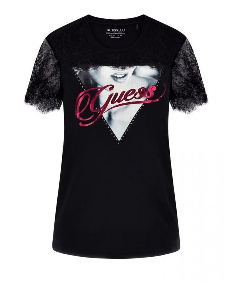 Camiseta GUESS con Encaje Negra Mujer