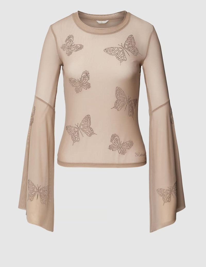 Top GUESS Transparente con Mariposas Beige Mujer