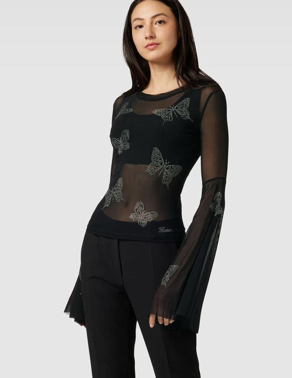 Top GUESS Transparente con Mariposas Negro Mujer