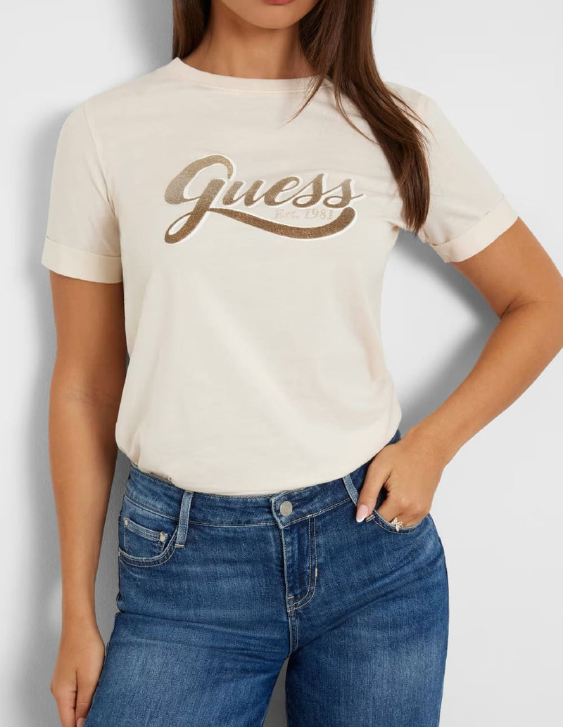 Camiseta GUESS con Logo Frontal Beige Mujer