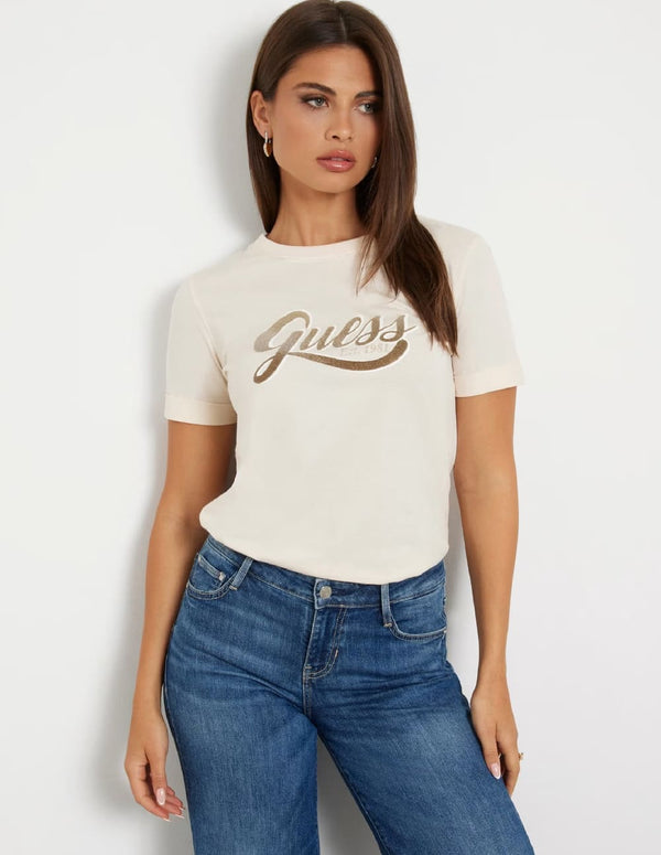 Camiseta GUESS con Logo Frontal Beige Mujer